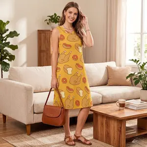 Women's Sleeveless Dress - Cute Food Mix Print | Foodie Trendy Dress Fun Sleeveless Dress Women - Cartoon Chicken & Donut Graphic | Y2K Aes