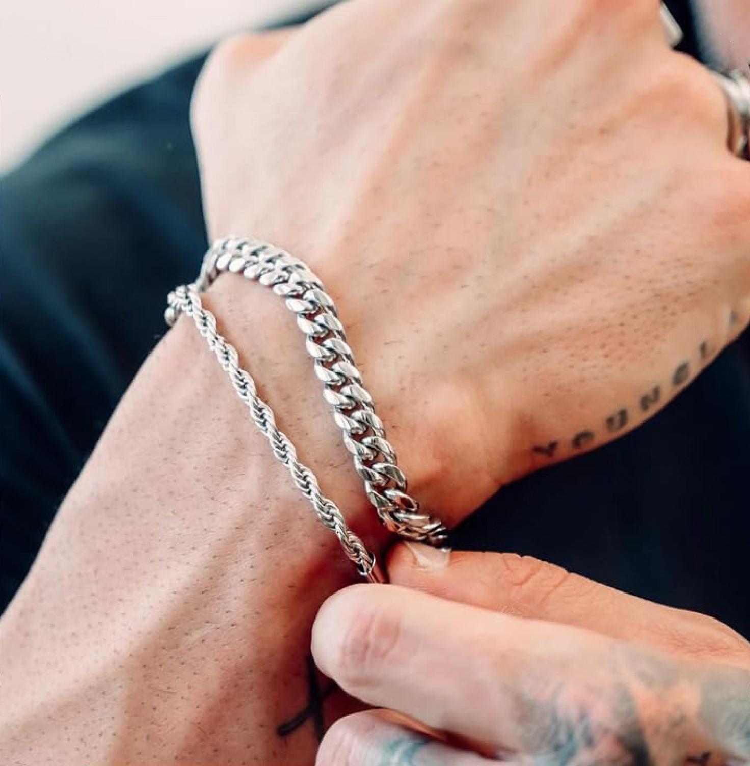 3Pcs Stainless Steel Bracelets for Men, Gold/Silver Mens Chain Bracelet 7.8 Inches Mens Stainless Steel Cuban Link Bracelets Set