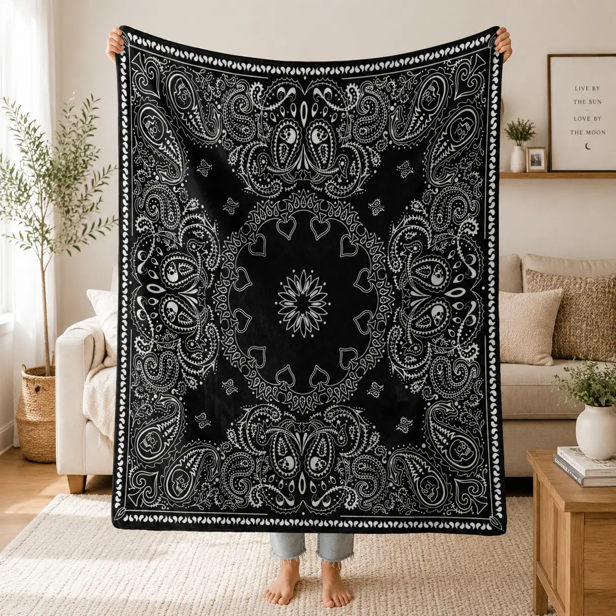 Black White Skull Paisley Bandana Style Pattern Throw Blanket Soft Flannel Cozy Blanket Western Gothic Streetwear Home Decor Gift