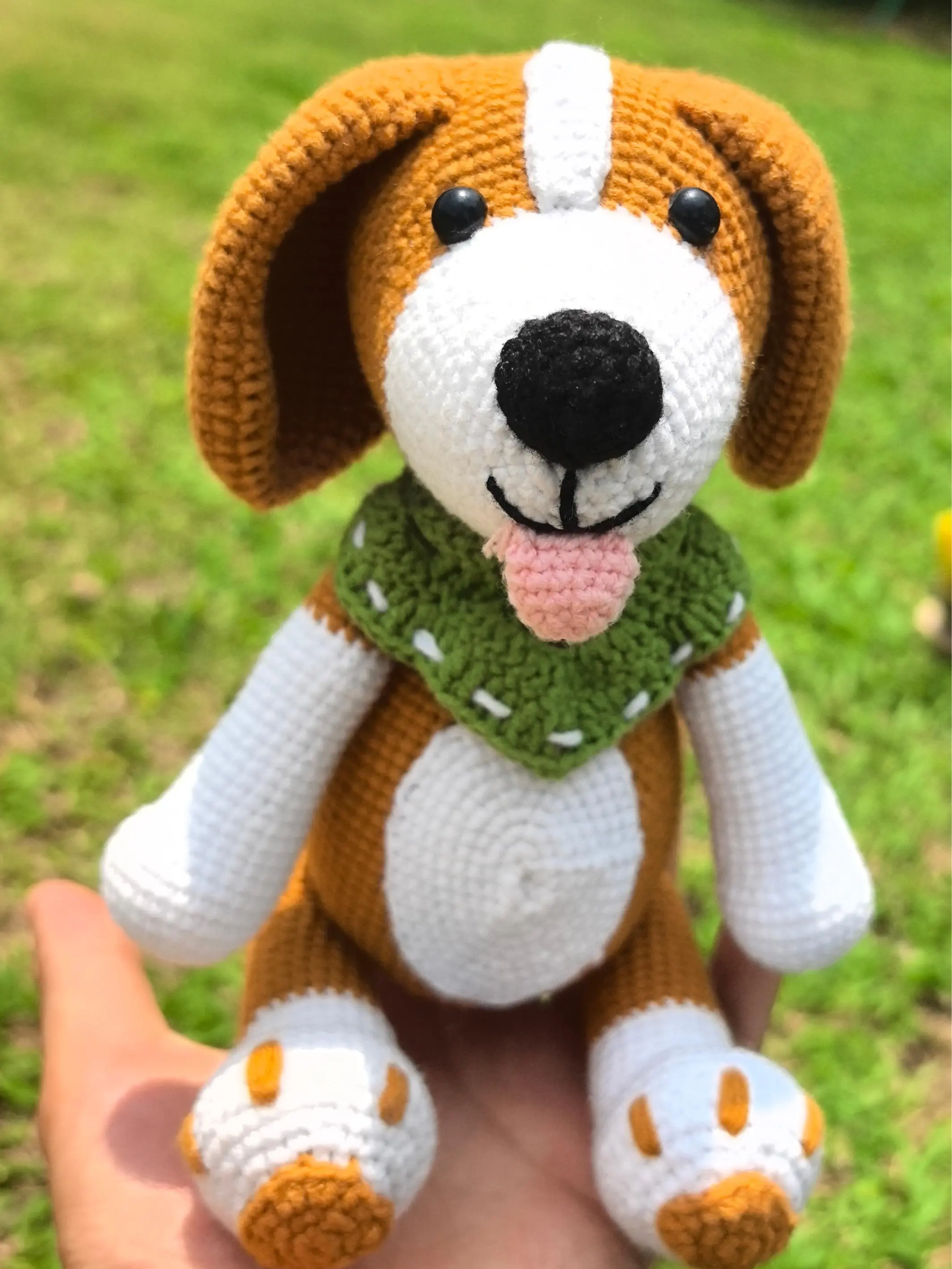 Knit Yarn Amigurumi Collectible Figurine - Manual Single-Piece Animal Design Cute Dog Soft Stuffed Hugging Toy with Green Bandana, Crochet