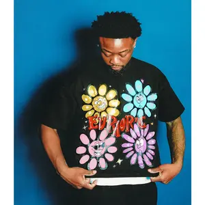 "Euphoric Expression" Smiley Flower Graphic T-Shirt, Black Y2K Streetwear Tee, Casual Short Sleeve mcr good Gooner Eat Sleep Goon Repeat men funny