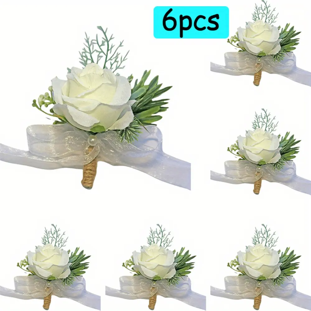 6PCS Artificial Rose Collection, White Rose with Greenery Pearl Accents, Rose Boutonnieres for Best Men Groom Groomsmen White Wedding Prom for Wedding Ceremonies,Romantic Floral Decor