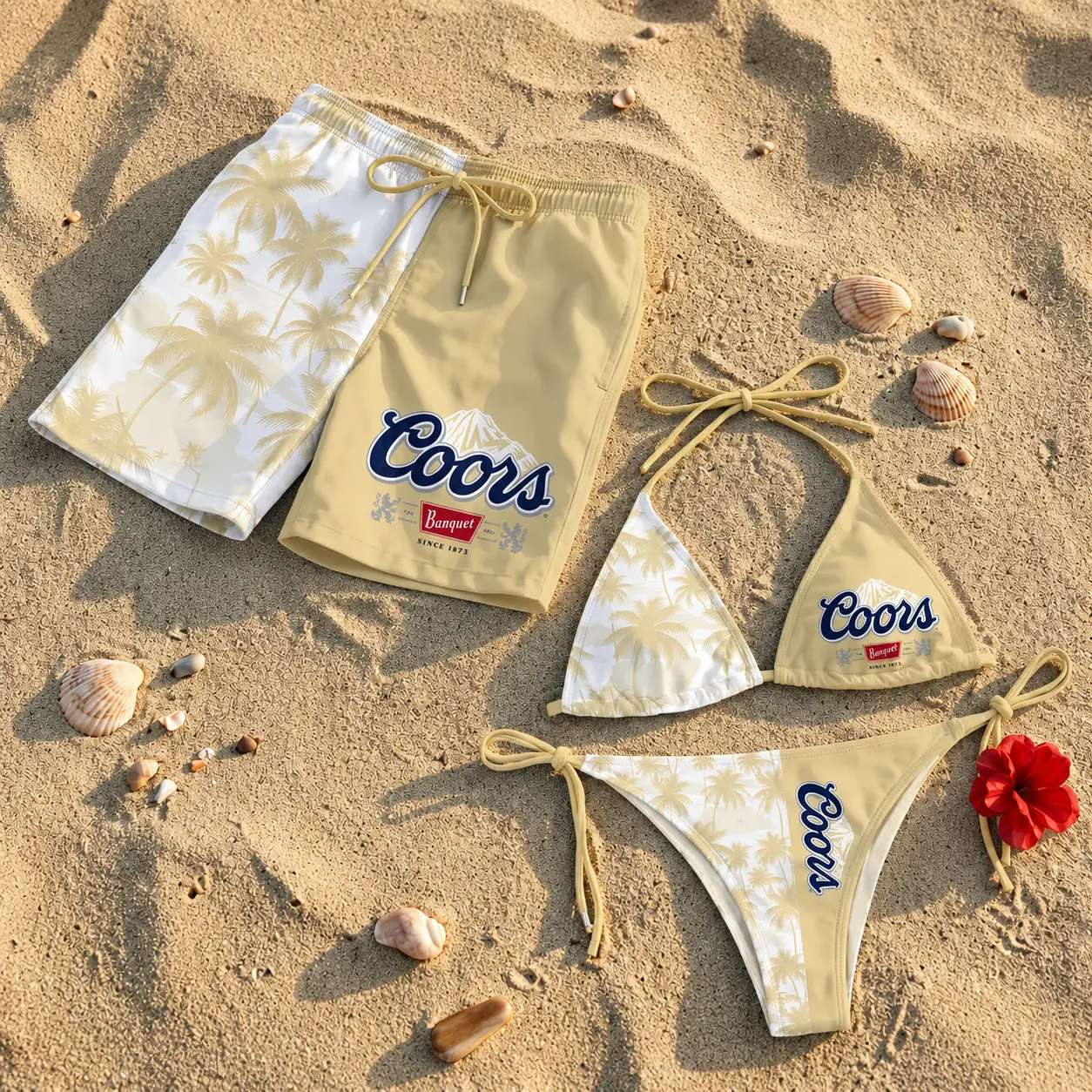 Coors Banquet Tropical Swimwear Set, Bikini & Hawaiian Shorts Matching Outfit, Couples Summer Beachwear, Vacation Swimsuit