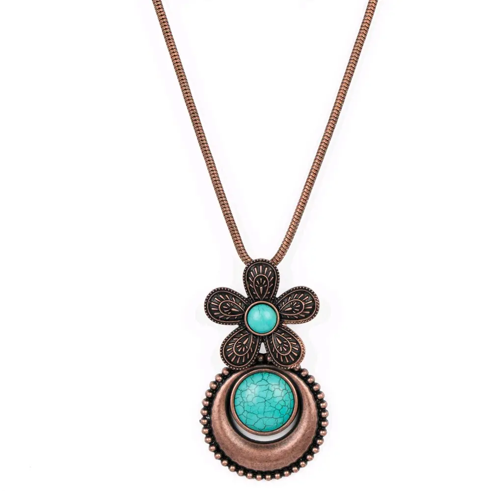 Bohemian Blossom Necklace Set - Copper Snake Chain, Oversized Flower with Turquoise Center, Copper Pendant with Studded Border & Matching Earrings