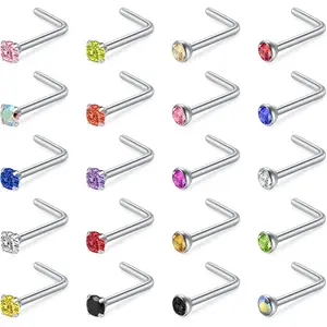 20G Nose Rings Hoops Studs, Stainless Steel Round CZ L Shaped Nose Screw Straight Studs,   Double Nose Hoops, Clear Nose Rings For Women Men Nostril