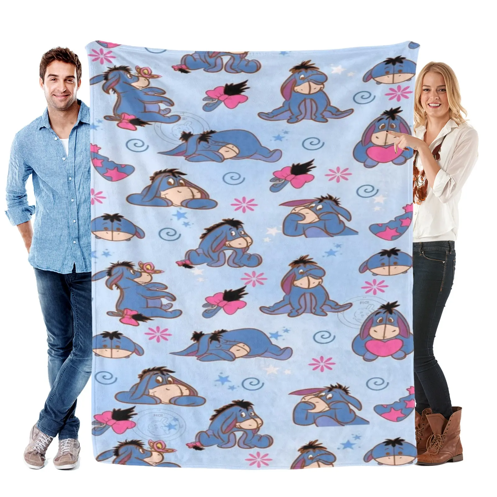 Disney Eeyore Blanket, Light Blue Floral Star Repeat Flannel Throw, Cute Winnie Pooh Donkey Bed Blanket For Girls Kids Decor