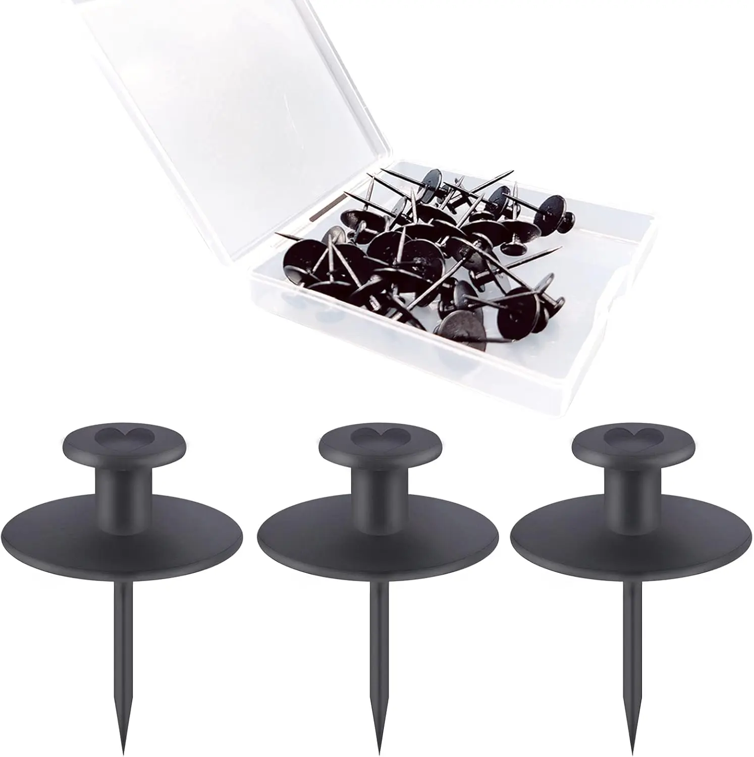 30-Count Stainless Steel Decorative Thumb Tacks, Rust-Resistant Double-Headed Push Pins, Renter-Friendly Wall Hooks for Drywall Cork Board, Office Small Picture Frame Hangers (Black)