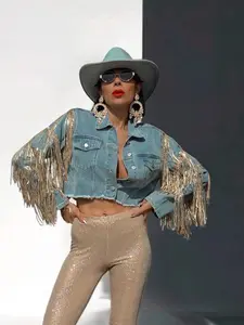 Gold Fringe Denim Jacket with Rhinestone Fringe Western Diamond Fringe Bachelorette Party Cowboy Jacket for Casual Coats