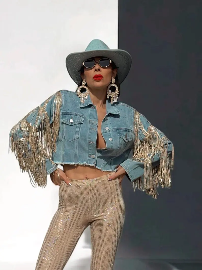 Gold Fringe Denim Jacket with Rhinestone Fringe Western Diamond Fringe Bachelorette Party Cowboy Jacket for Casual Coats