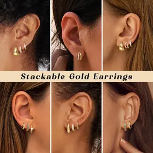 3Pairs Gold Hoop Earrings Set for Women Trendy Huggie Hoop Earrings Stacks for Multiple Piercing 14K Gold Plated Chunky Hoop Earrings Set Hypoallergenic Cartilage Earring Lightweight