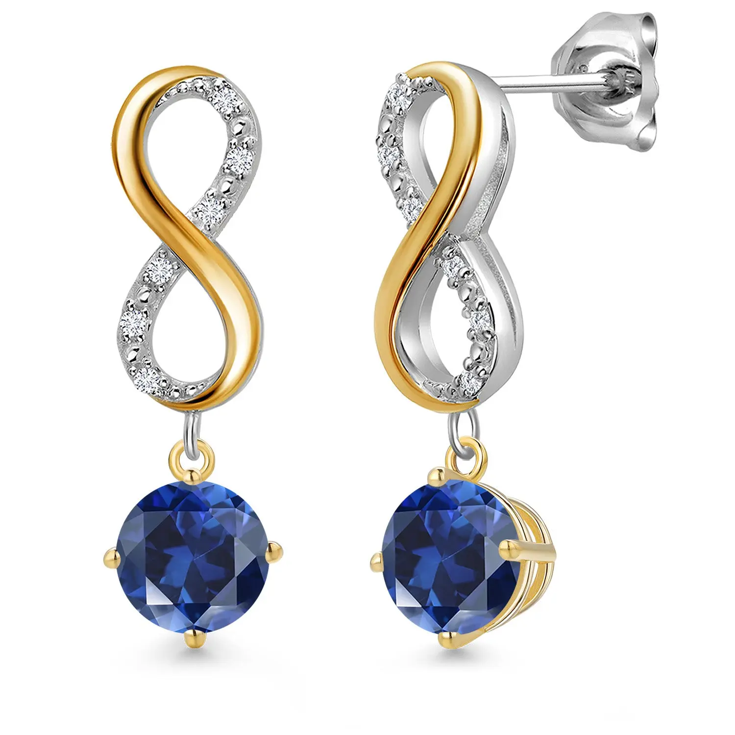 925 Silver and 10K Yellow Gold Blue Created Sapphire and Lab Grown Diamond Dangle Earrings for Women | 2.06 Cttw | Gemstone September Birthstone | Round 6MM