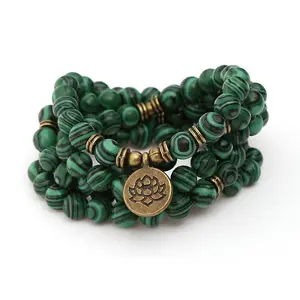 8mm Green Moss Agate 108 Mala Beads Necklace, Healing Crystal Prayer Beads with Lotus Pendant, Yoga Meditation Long Wrap Sports Wristband