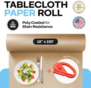 IDL Packaging Brown Tablecloth Paper Roll 18" x 1800" (150 feet, 225 sq.ft) with Cutter - USA-Made Natural Poly-Coated Paper Table Runner - 100% Recycled Disposable Kraft Material for Table Covering