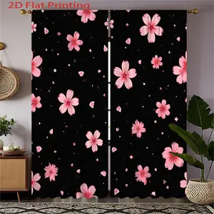 2pcs Black Background Pink Cherry Blossom Curtains