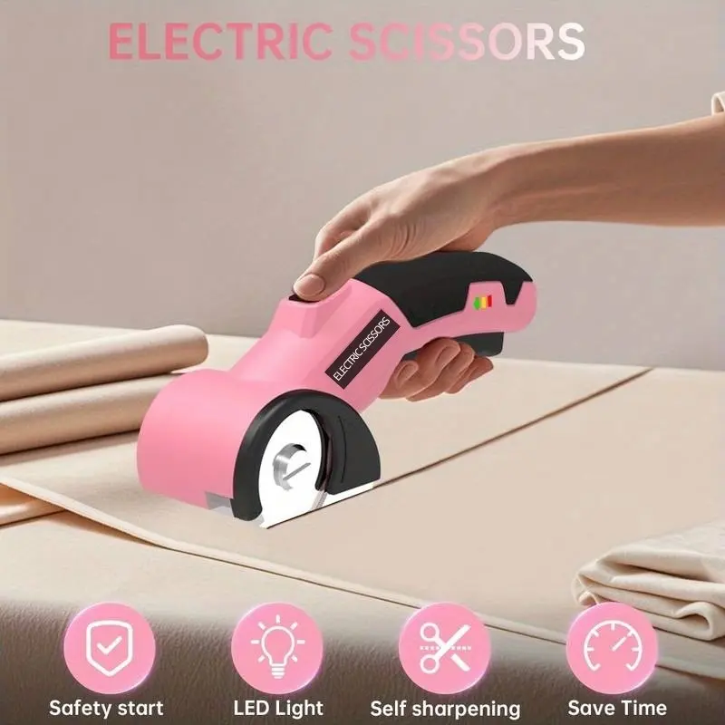 Cordless Electric Scissors with Safety Lock, LED Light, Ergonomic Non-Slip Handle, Portable Versatile Cutting Tool for Fabric, Cardboard, Carpet and More