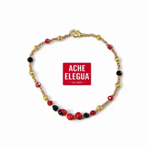 Ache Elegua Peony Bracelet HandMade with Red & Black Beads Crystal and Gold Tone Chain Fashion Jewelry Exclusive Unique Unisex
