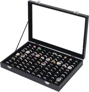 Ring Holder Organizer Box Jewelry Display Case - Earring Necklace Storage Tray With Top Glass Lid, Black 100 Slots