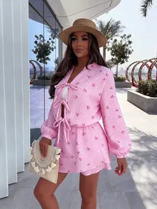 Women's Fashion Striped Bow Print Long Sleeve Loose Jumpsuit, Stylish Versatile, Perfect for Vacation Casual Wear