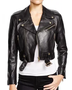 MotorCycleJackets Women's Belted Black Cropped Leather Jacket