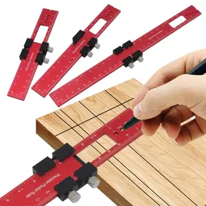 Woodworking Precision Pocket Ruler, Aluminum Slide Ruler, Inch and Metric T-type Scribing Ruler, Square Layout Tool with Slide Stops, Layout Measuring Tool, Hand Measuring Tool, Portable
