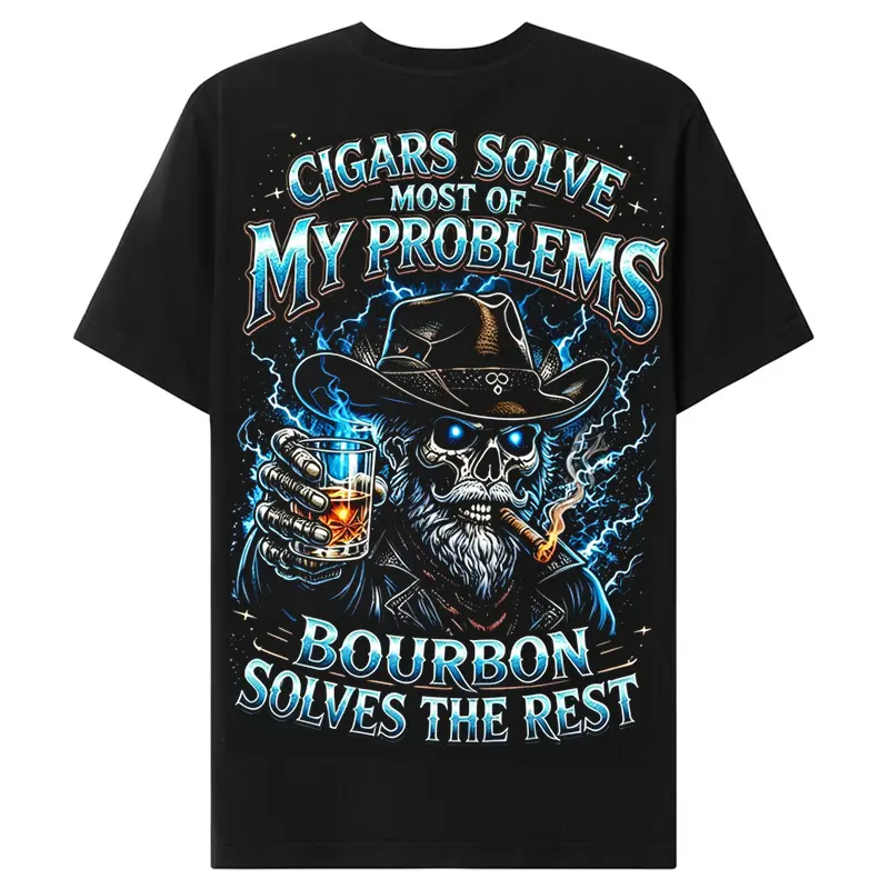 Men's Cotton Short-Sleeve Breathable Casual Chaosmoda Generation X Skull T-Shirt - Custom Year, "Most Of My Problems Bourbon Solves The Rest" Print Crewneck Menswear