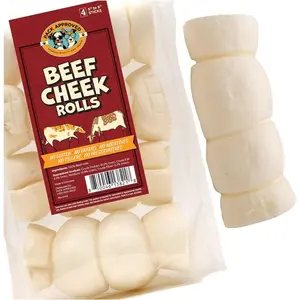 Natural Beef Cheek Rolls for Dogs Odor Free Long Lasting Chew Treats Medium Size Dog Chews 5 to 6 Inch 4 Pack