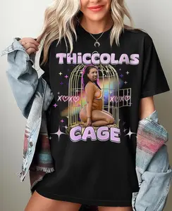 Thiccolas Cage Funny Meme Graphic Tee Unhinged Celebrity Joke Shirt Grunge Vibe