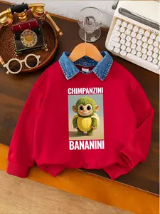 Banana Monkey Fantasy Pet Girl Set, Fall & Winter Casual Fitted Long Sleeve, Geometric Pattern, Creative Design for Kids