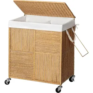 Double Laundry Hamper with Lid, Handwoven Rolling Laundry Basket with Wheels, 115L Dirty Clothes Hamper with Removable Liner Bag Large Capacity Laundry Sorter Laundry Room Organization,