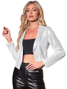 INSPIRE CHIC Open Front Party Glam Sequin Sparkly Cropped Blazer