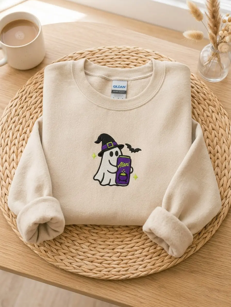 Embroidered Ghost Sweatshirt, Cute Witch Ghost Fall Crewneck, Spooky Season Drink Embroidered Jumper, Cozy Halloween Gift for Her