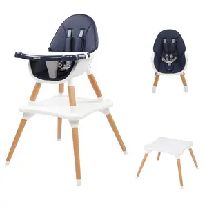 JOYMOR 5-in-1 Convertible Baby High Chair for Babies and Toddlers, Table and Chair Set, Wooden Infant Eating Highchair with Leather Seat Cushion, 4-Position Removeable & Adjustable Tray