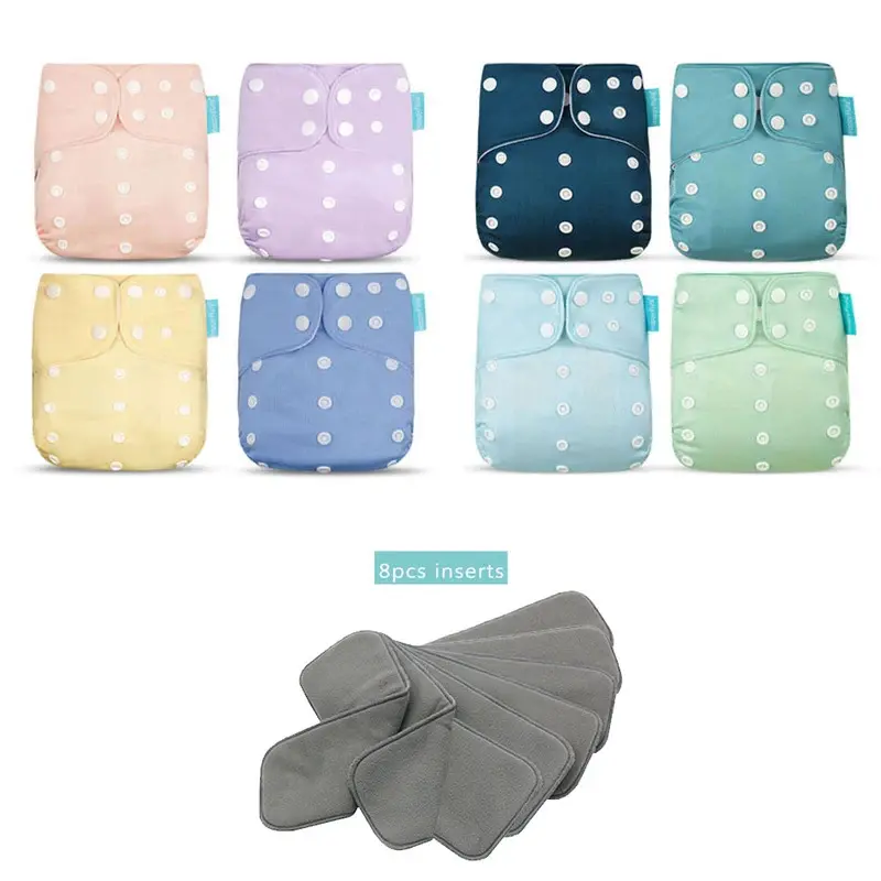8-Pack Reusable Cloth Diaper Set, Waterproof Polyester Pocket Nappies with 8 Chemical-Free Bamboo Charcoal Inserts, Adjustable for Unisex Babies 3-15 kg, Waterproof Cloth, With 8Piece Insert, Bamboo Inserts