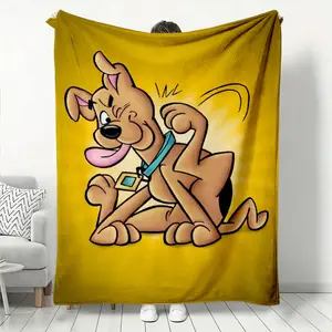 Classic American Cartoon Scooby Doo Pattern Flannel Blanket, Brown Goofy Dog Printed Throw Blanket with Warm Yellow Background, Skin-friendly and Soft Sofa Blanket for Living Room, Nap Blanket for