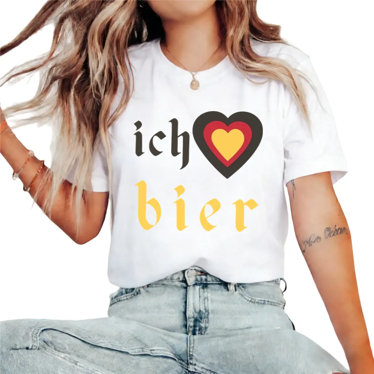 Women's Fitted Casual Short-Sleeve German Oktoberfest T-Shirt with Ich Heart Bier Prints, Vintage Womenswear Top