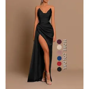 Sundress  Socialite Style And Sexy Slim Fit Deep V-waist Satin Slit Dress For Women Formal Womenswear Workwear Basic