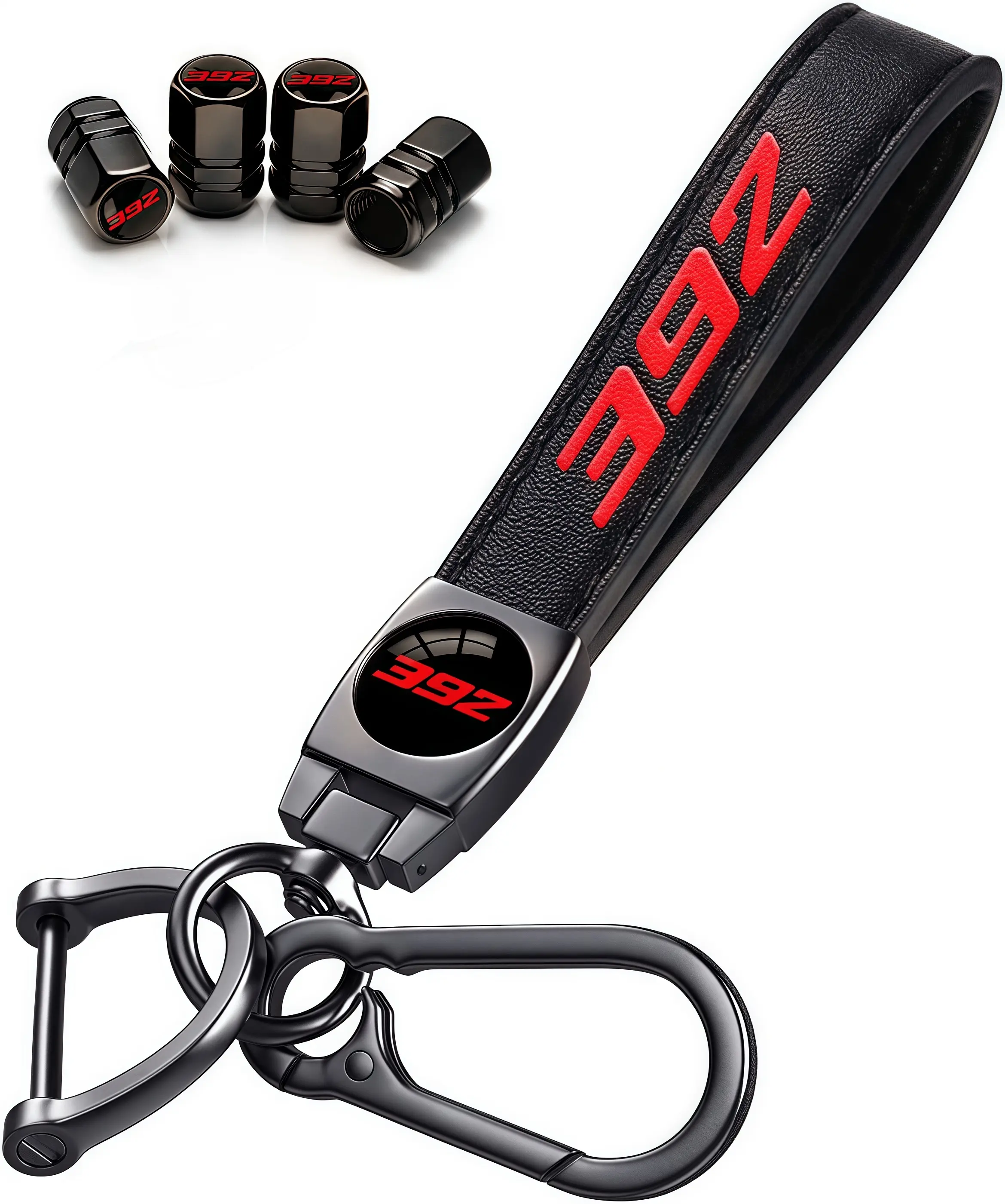 Luxury Car Key Case & Keychain Lanyard Set with Tire Valve Stem Caps - Soft Silicone Protection, Corrosion-Resistant Aluminum Alloy, Genuine Leather Keyring - 4pcs Car Accessories for Challenger, Charger SRT 392 Automotive Interior