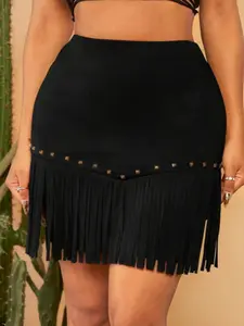 Tassel Hem Short Fitted Skirt with Rivet Details, Elegant Women's Fashion Dress, Perfect for Casual & Formal Occasions, Stylish Design, Womenswear