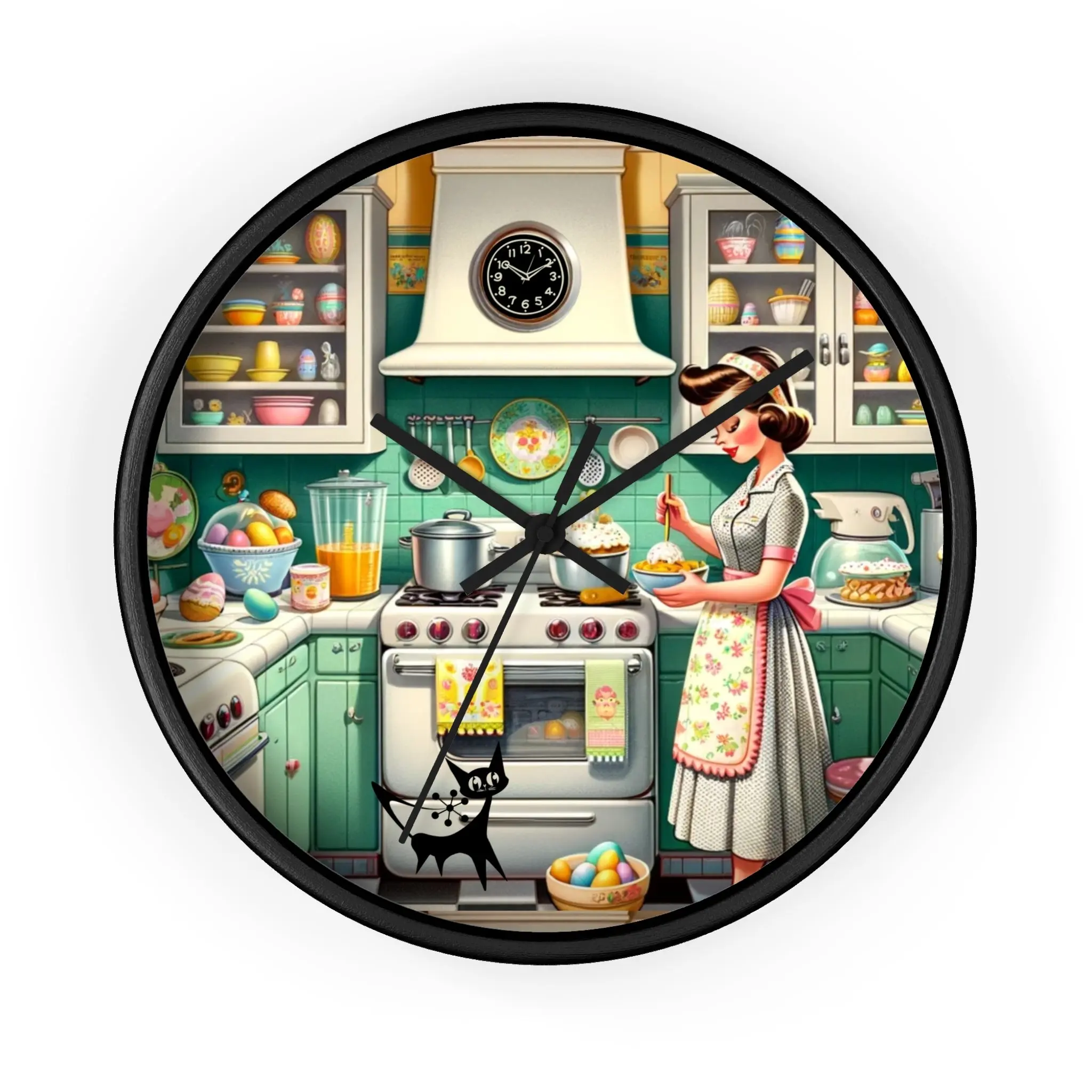 Vintage Kitschy Designed Mid Mod Gal Atomic Cat, Spring  Wall Clock with Retro Cooking Design