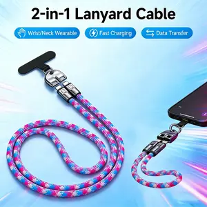 240W Fast Charging Cable 2-in-1 Lanyard Data Cable Braided Anti-Lost Strap for iPhone 15 16, Portable USB C Cord for Travel Commute Outdoor, High-Speed Data Sync Wearable Nylon Braided Charger