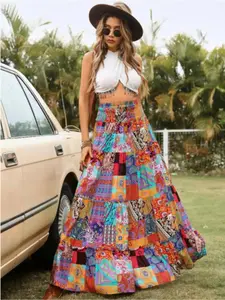 LIA Women's Patchwork Print High Waist A-line Maxi Skirt, Bohemian Boho Fashion Skirt for Beach Holiday Vacation, Ladies Summer Clothes, Womenswear, Casual Fashionable Skirt, Bottom