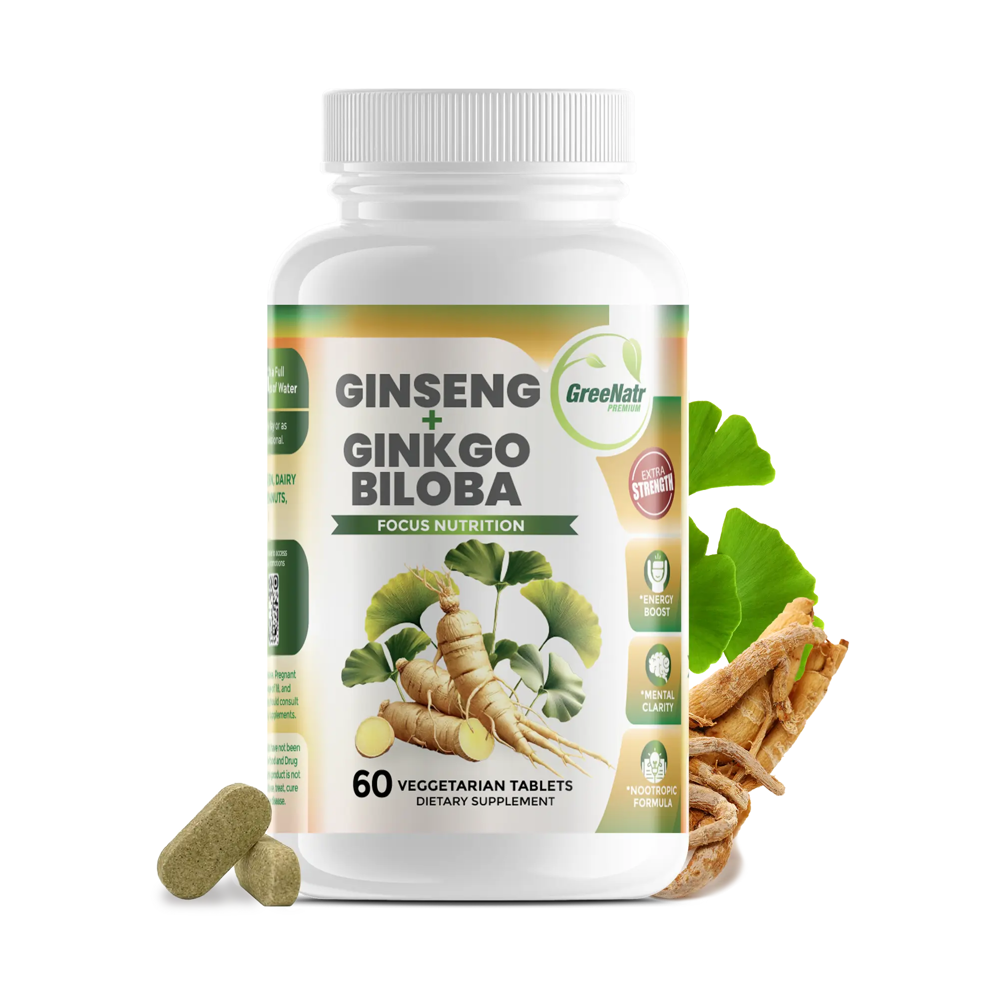 GreeNatr Ginseng and Ginkgo Biloba - Dietary Supplement for Cognitive Support, Memory Enhancement & Clarity - 60 Tablets