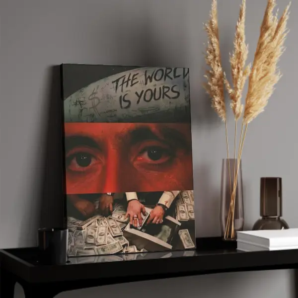 Scarface The World Is Yours Red Tint Money Canvas Wall Art Vintage Tony Montana Hustle Motivational Print Street Office Man Cave Brick Wall Decor Unframed Canvas Poster
