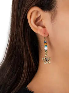 Boho Vintage Flower Earrings, Colorful Wood Bead Stone Beaded Dangle Earrings, Ethnic Style Vacation Wear Jewelry, Bohemian Fashion Accessories