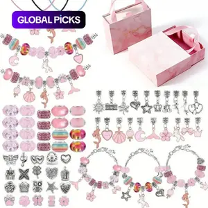 67 Pcs DIY Charm Bracelet Beads Set, Mixed Beads Beaded Jewelry Making Kit with Portable Jewelry Box, Includes Beads, 3 Bracelets and 3 Necklaces, Perfect Birthday Gift for Girls Aged 6–10