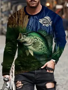 Men's Fishing Long Sleeve Shirt, Blue- Gradient Base, Large Bass Graphic, Aquatic Plants Prints, Small Fish Detail, Crew Neck, Polyester