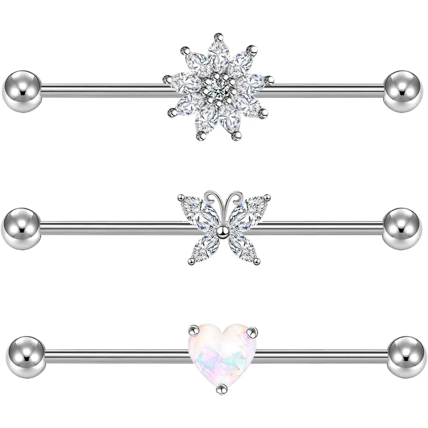 14G Butterfly Flower Stainless Industrial Barbell Sparkly CZ Ear Industrial Piercing Bar for Women Men