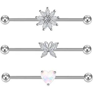 14G Butterfly Flower Stainless Industrial Barbell Sparkly CZ Ear Industrial Piercing Bar for Women Men