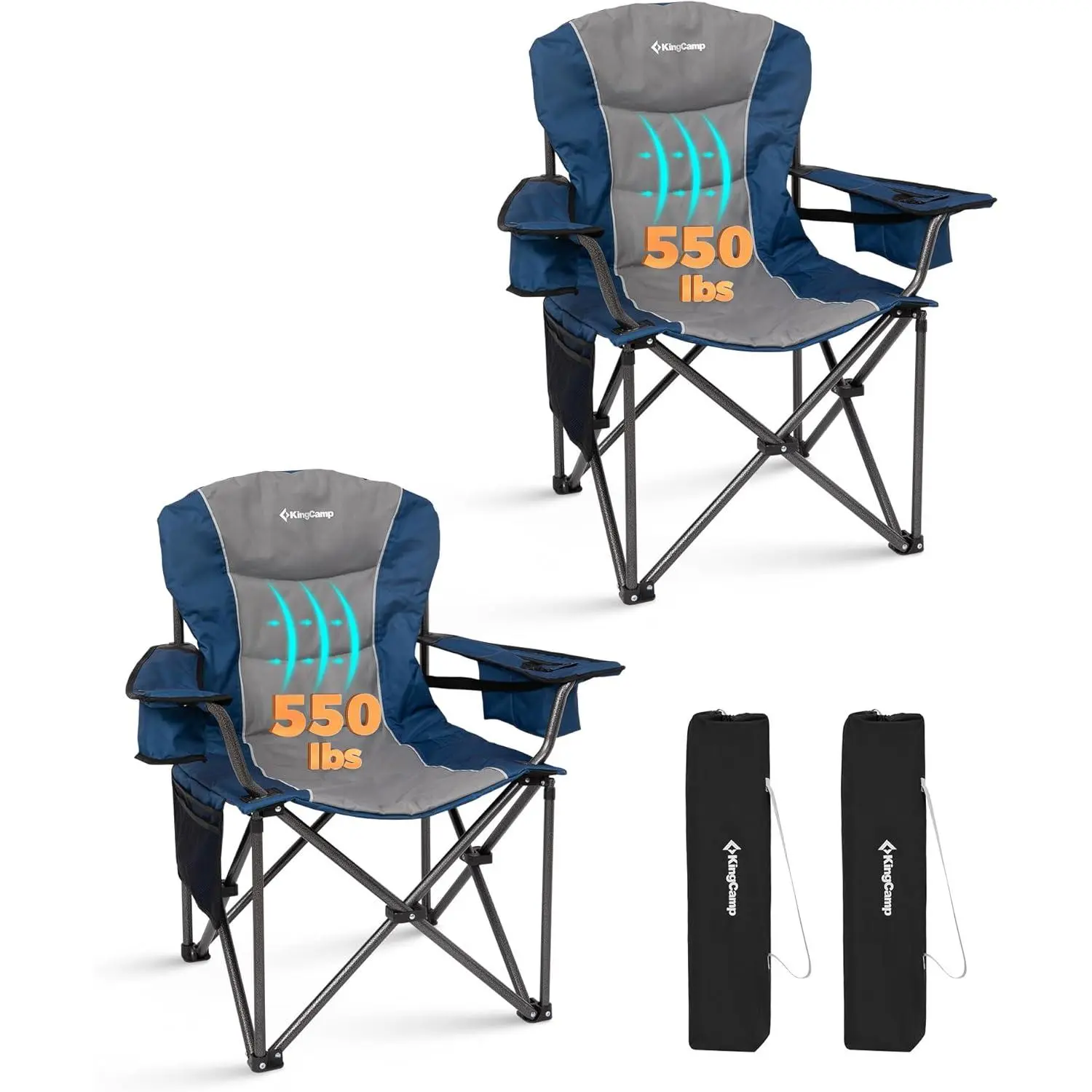 KingCamp Oversized Foldable Camping Chair - Adjustable Portable Heavy-Duty Large Multi-Purpose Chair with Lumbar Support, 550lbs Capacity, Padded Seat, Cooler Bag, Cup Holder, Side Pocket for Camping, Fishing, Foldable Chairs, Adjustable Portable Chairs,s