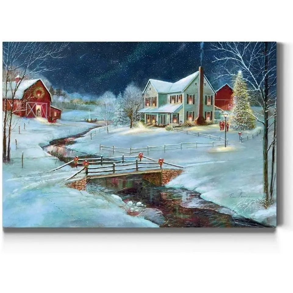 Christmas on The Farm Wall Art – Snowy Country Scene with Red Barn, Charming Winter Decorations, Premium Gallery Wrapped Canvas Decor, Ready to Hang